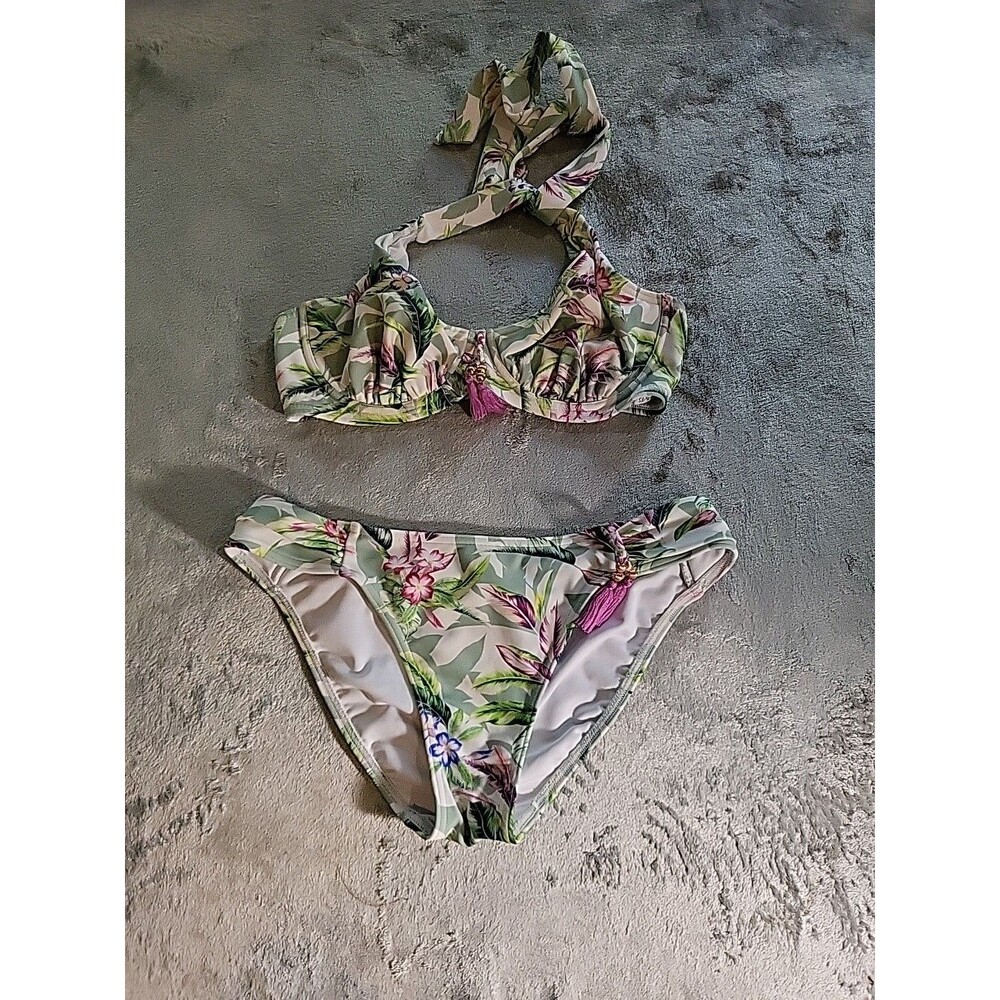 FIG LEAVES Swimsuit Womens Bikini Sz 32F Medium Green Pink Floral Foilage Swim